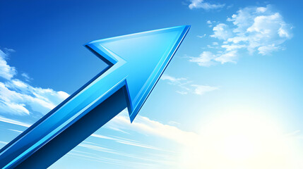 A vibrant blue arrow points upward against a bright sky, signifying growth and aspiration.  Clouds drift lazily above
