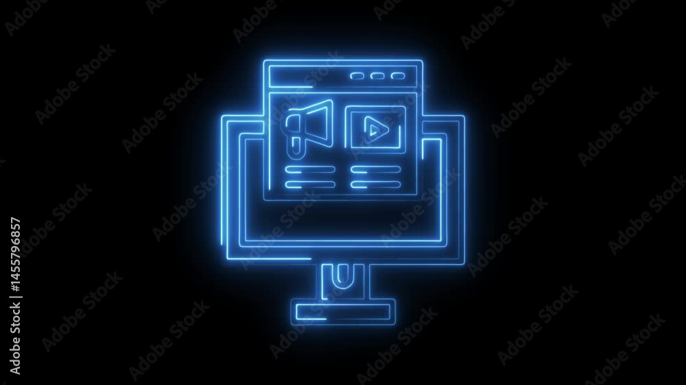 Poster neon computer display with digital marketing content on black background animation
