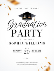 Elegant Graduation Party Invitation with Cap and Gold Confetti – Graduation Celebration Vector Template