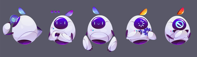 Chatbot assistant mascots set isolated on background. Vector cartoon illustration of artificial intelligence bot characters using magnifying glass for search, thinking, fixing error, AI chat character