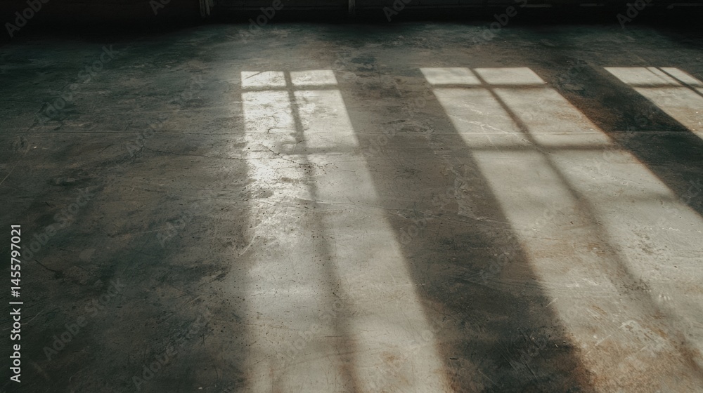 Poster sunlight streaming through a window casting long shadows on a concrete floor.