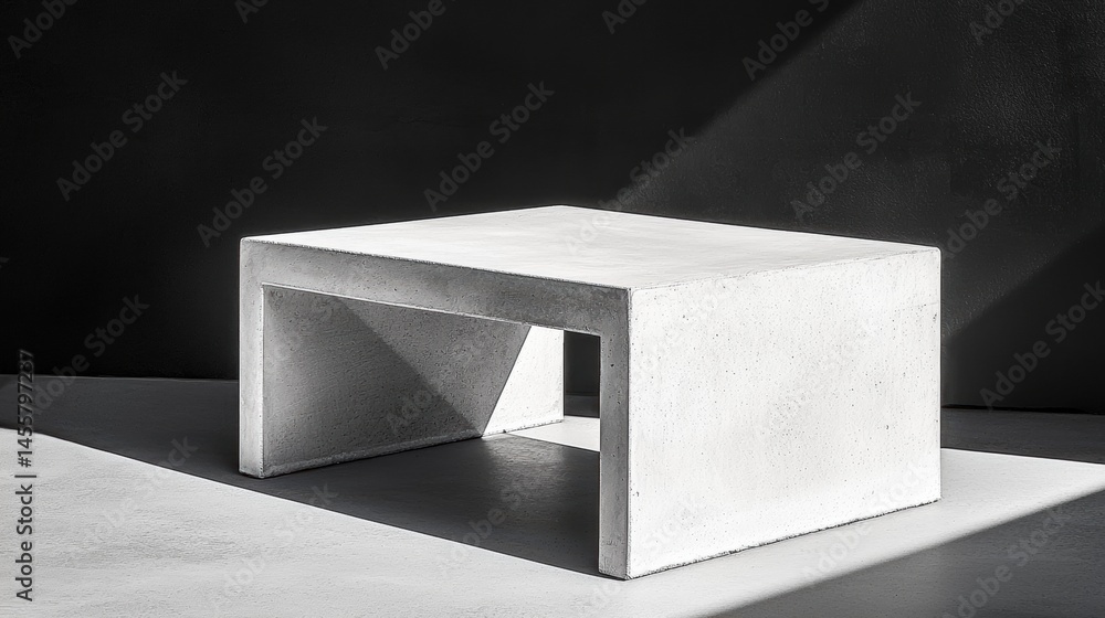 Poster a minimalist white stool with a square top and rectangular base sits on a white floor against a blac