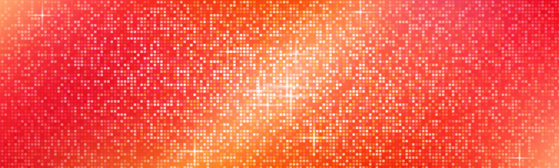 Disco ball mosaic pattern - abstract red glowing square tiles background. Bright shiny glitter effect, sparkling digital pixelated texture. Vibrant backdrop, party decoration vector illustration.