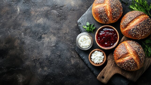 Artisan rolls, artisanal bread, and toppings on a dark stone surface.