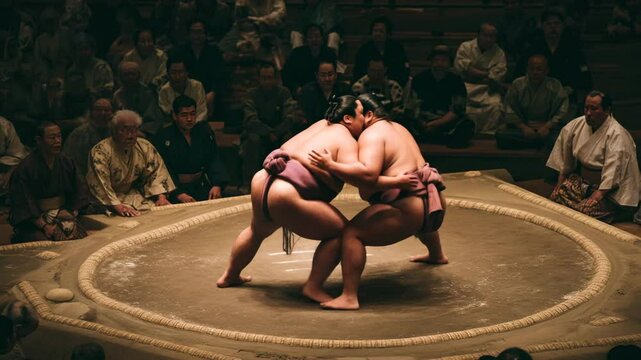 Sumo wrestlers fighting 