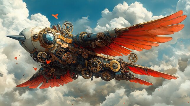 A detailed illustration of a steampunk-inspired flying machine with gears, propellers, and ornate details.