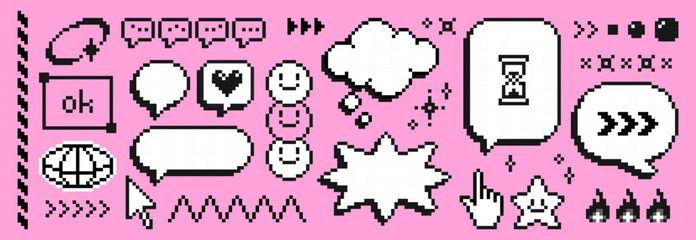 Plakat Pixel speech bubble set - 8 bit style chat boxes, dialogue balloons, emoticon icons on pink background. Retro collection of pixelated squares, circles, hearts and thought clouds. Nostalgic elements