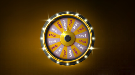 Casino fortune wheel spin, luck game device - rotating circle partitioned into colorful sections marked with prize values. Realistic glossy metallic frame, winning bet chance spinner for gambling.