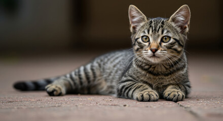 Adorable tabby kitten resting on paving stones in a garden setting. Kitten lying in a relaxed pose on outdoor patio stones. Domestic pet outdoor resting on paving.
