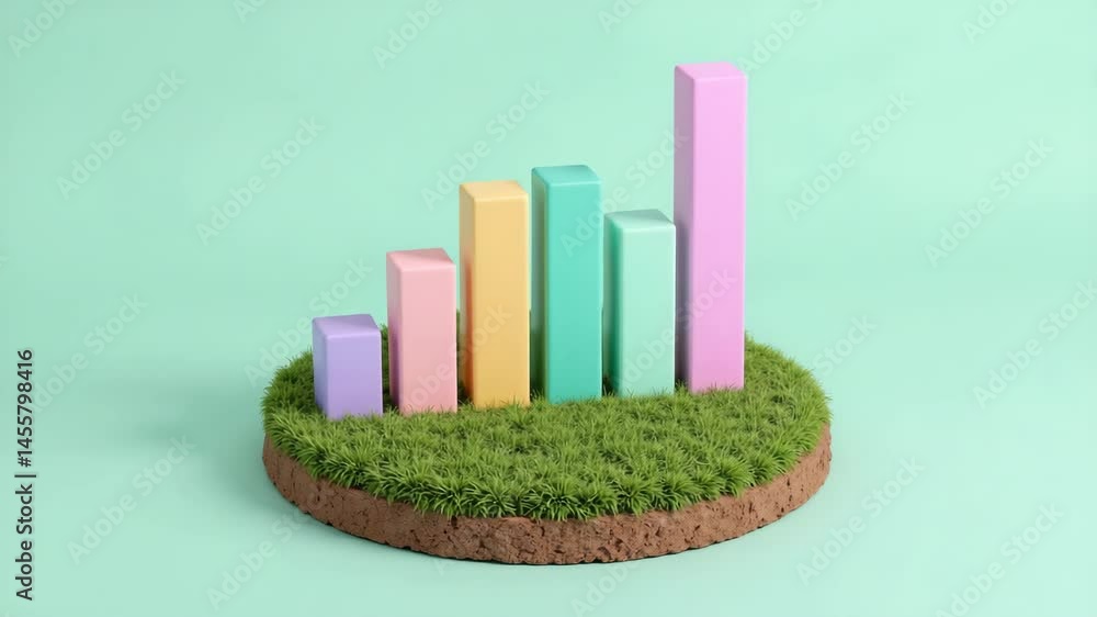 Aufkleber a colorful 3d bar chart with pastel columns sits on a grassy circular platform, set against a light 