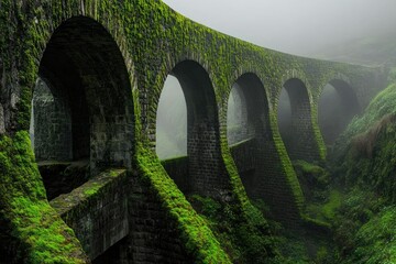 An ancient stone arch bridge with moss-covered arches shrouded in mist, creating a magical and ethereal landscape.