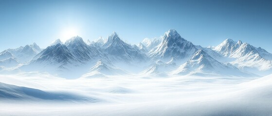 Obraz premium Snowy mountain range basks in bright sunlight, showcasing icy peaks across vast pristine landscape.