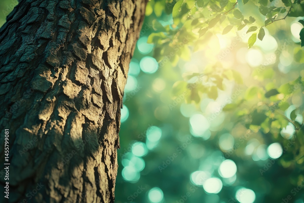 Poster a close-up of a tree trunk with sunlight filtering through leaves, creating a soft, ethereal glow in