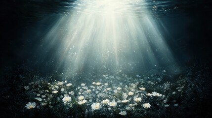 A serene underwater scene with a field of white flowers and sunlight rays.