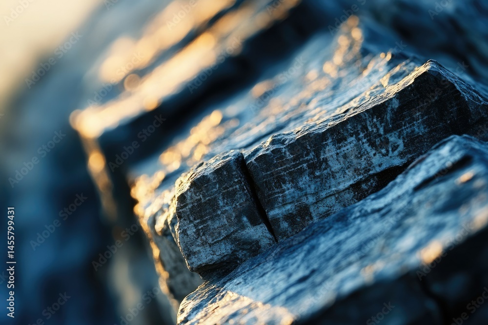Poster close-up of textured dark rock with golden highlights catching the edge, creating depth and strong c