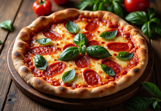 Rustic pizza with a thick edge, featuring tomato sauce, melted mozzarella, pepperoni, and fresh basil as toppings. Presented on a wooden serving board. Pizza lover's delight.