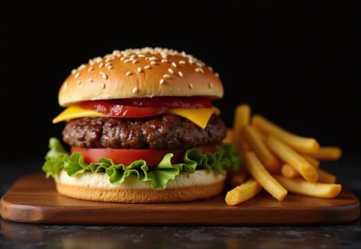 A mouthwatering burger with a juicy beef patty, melted cheese, crisp lettuce leaves, and slices of ripe tomato, all stacked within a sesame seed bun. 