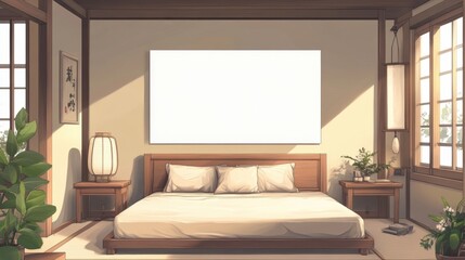 Modern beige bedroom with empty white wall for mockups; wooden double bed with pillows, cozy furniture; room interior with copyspace