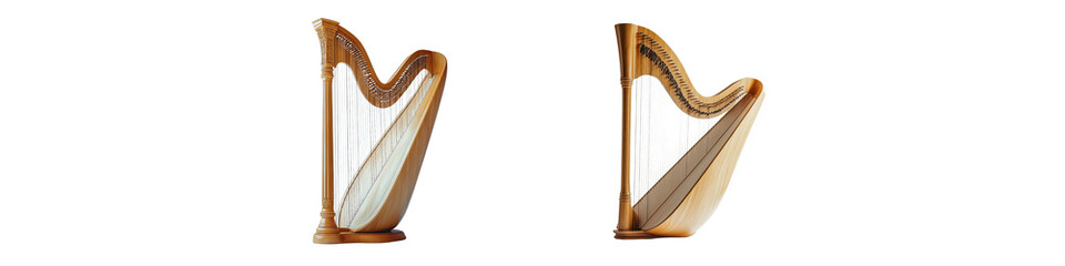 A collection of wooden harps in different styles isolated on a transparent background.