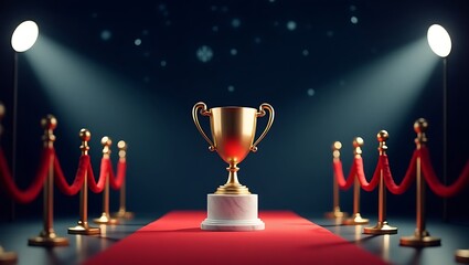 Golden Trophy Is Standing On A Red Carpet Surrounded By Stanchions Under Spotlights, Award Ceremony, Prestigious Recognition