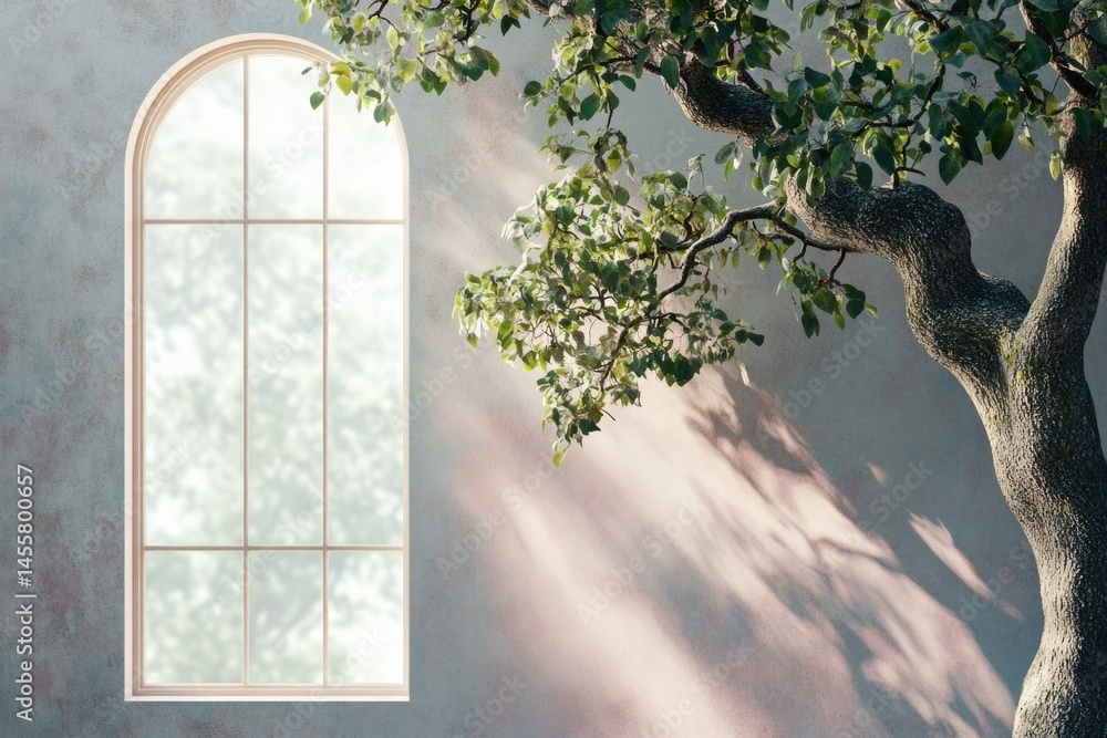 Poster sunlit scene of a window casting shadows, with tree foliage and textured wall creating a serene, nat