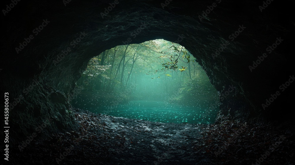 Poster a cave with a pool of water and trees in the background.