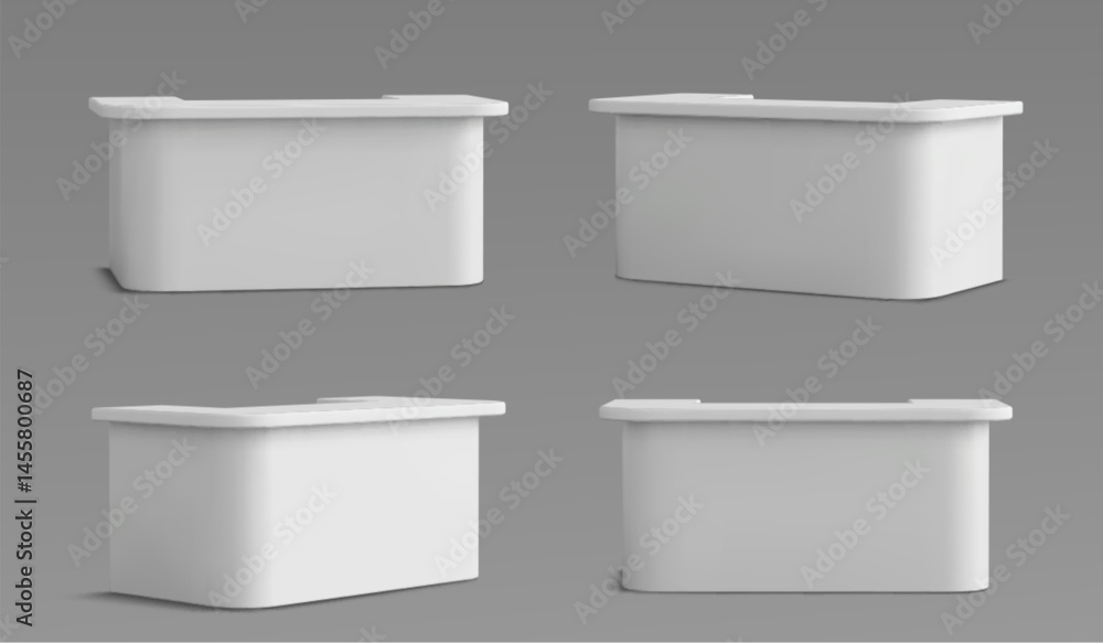 Poster reception tables set - white modern desk counters for office, hotel lobby or store. curved rectangle