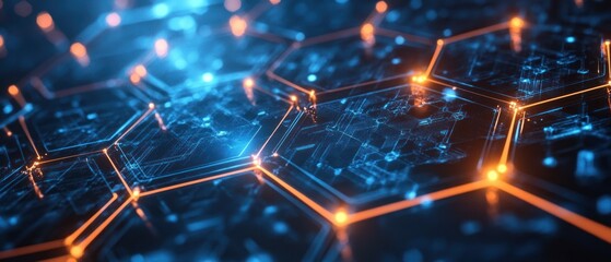 Technology network showcases interconnected lines forming a geometric pattern, resembling digital connections and data transmission.
