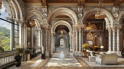 Fototapeta premium Elaborate architectural interior of a grand hallway with ornate decorations showcasing luxury design and intricate craftsmanship and details