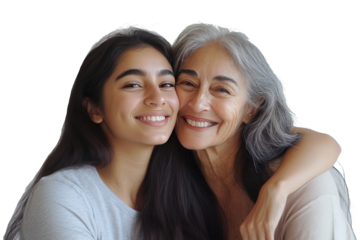 Mature mother and daughter sitting together, sharing a happy moment and showing their deep connection. Isolated on white background