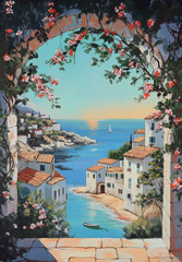 Obraz premium illustration of Mediterranean coastal village viewed through a blooming archway, with white houses and red roofs overlooking the deep blue sea, digital painting in sunny vibrant style