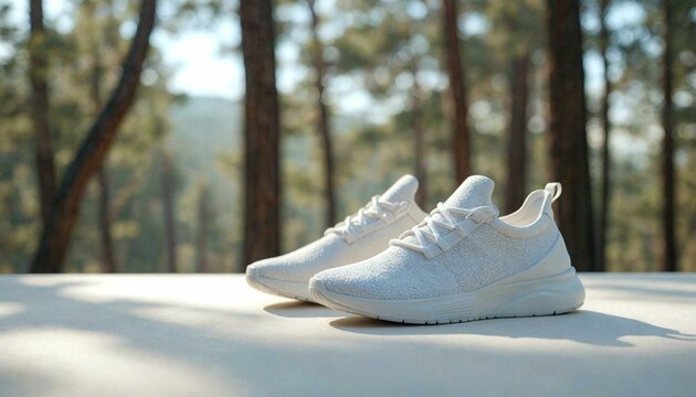 Split-Toe Sneakers on White Surface with Forest Background