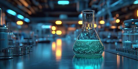 Image of green chemicals in glass bottles in a laboratory