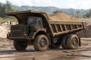Obraz premium Quarry Dump Truck Transporting Sand Across Rugged Terrain in Bright Daylight Generative AI