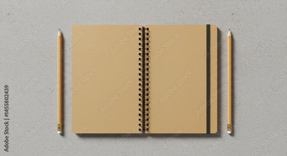 Poster open spiral-bound notebook with pencils on a gray concrete surface. empty notebook and pencils resti