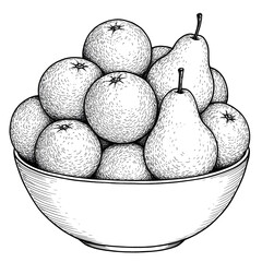 Black and White Fruit Bowl Illustration: Apples, Pears, Line Art, Vintage Drawing on transparent background