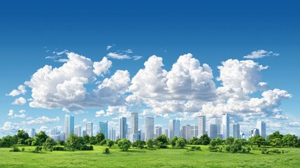 A city skyline with tall buildings and a large field of green grass in the foreground.