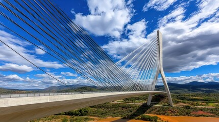 Modern cable stayed bridge architectural marvel with clear blue sky and fluffy clouds city skyline vista from ground level perspective
