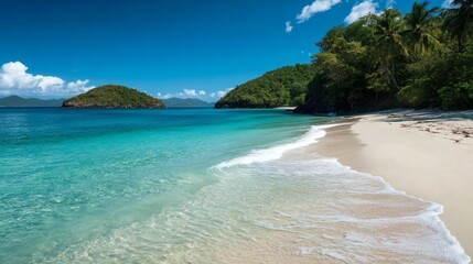 Fototapeta premium Tropical beach paradise, clear turquoise water, white sand, lush greenery. Vacation travel poster