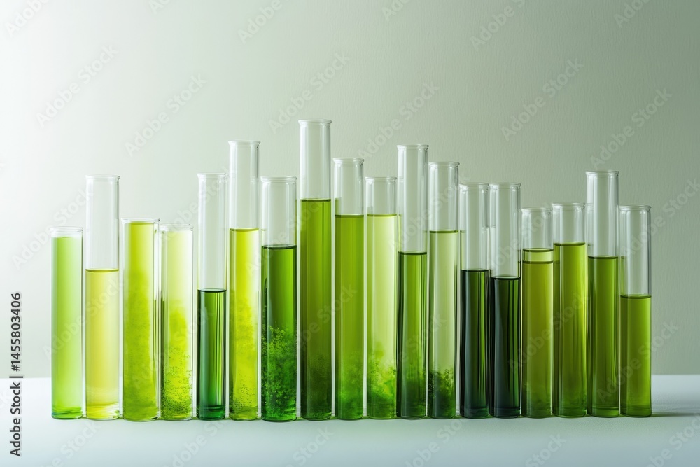 Poster an array of test tubes filled with varying shades of green liquid, suggesting a science experiment o
