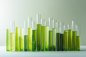 Fototapeta premium An array of test tubes filled with varying shades of green liquid, suggesting a science experiment or study of algae.