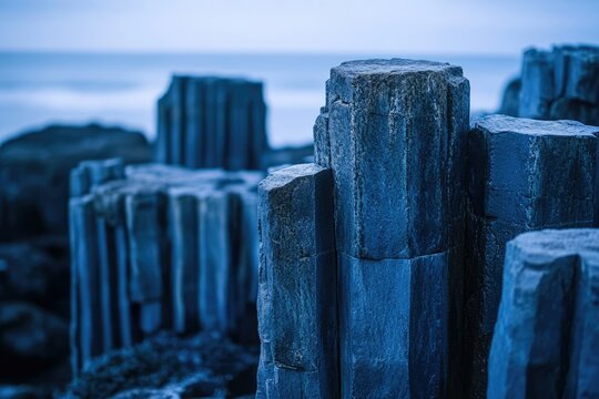 Blue basalt columns stand tall against a hazy sky near the ocean's edge in Iceland. - Powered by Adobe
