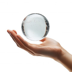 Clear crystal ball held in hand for fortune telling and meditation use on transparent background
