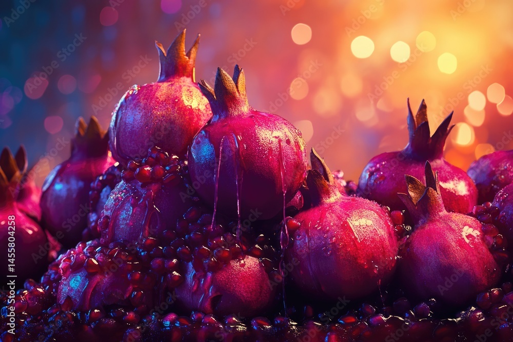 Poster a vibrant display of ripe pomegranates with a luminous backdrop and sparkling juice, evoking richnes