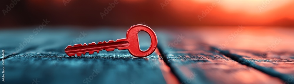 Poster closeup of a single red key on rustic wooden table, study in texture and light