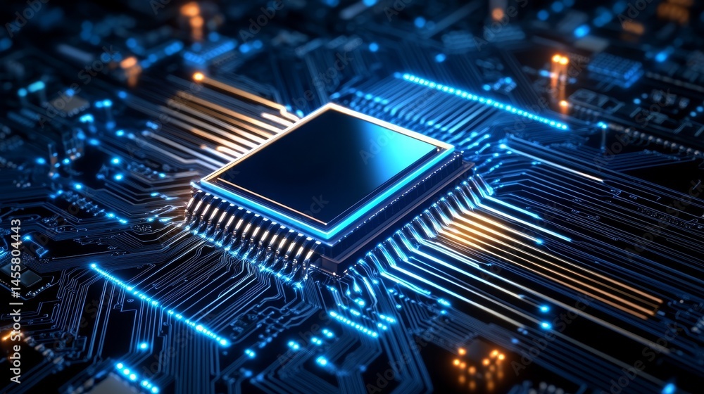 Poster intricate circuitry, a detailed closeup of computer chip on circuit board