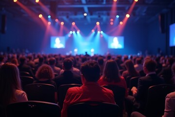 Large Audience Attending A Conference Or Seminar With A Stage And Screens, Public Speaking, Knowledge Exchange