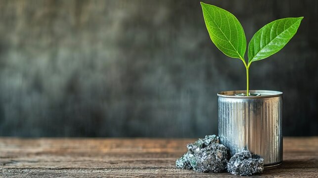 A green plant sprouting in a tin can. Waste Recycling Week