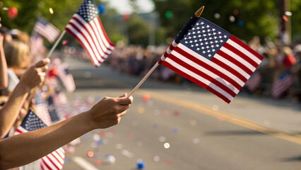 USA Parade Celebration — People Waving American Flags on Street During Patriotic Event