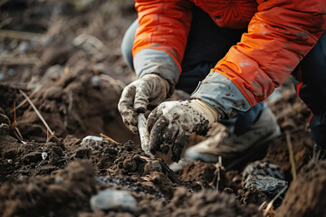 Archaeologist Carefully Excavating Fossilized Artifact Bones Skeletons in Field, Generative AI